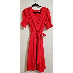 Tommy Hilfiger Midi Dress Red Faux Wrap Puff Sleeve Holiday Size 10 Cottagecore